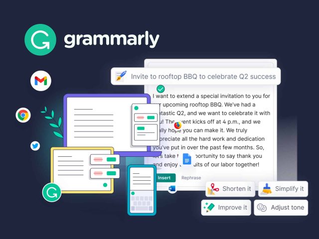 Grammarly logo on a gradient background. Writing, proofreading, and grammar assistance.