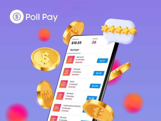 Poll Pay app interface showcasing voting and rewards. Earn points for participating in polls and redeem them for cash, gift cards, and shopping discounts.