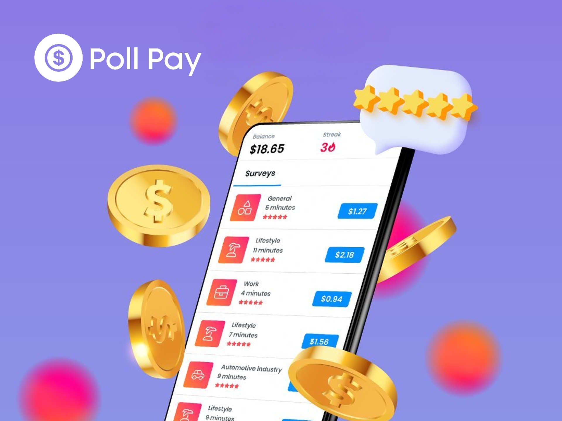 Poll Pay app interface showcasing voting and rewards. Earn points for participating in polls and redeem them for cash, gift cards, and shopping discounts.