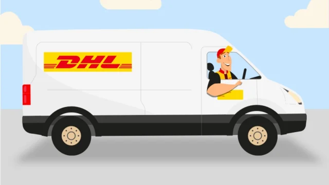 DHL eCommerce UK delivery van travelling through a city centre to represent reliable parcel shipping services.