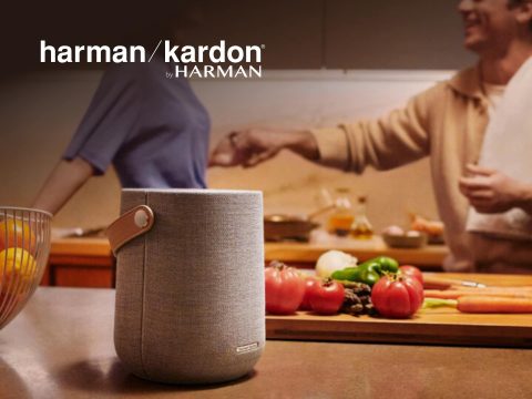 Harman Kardon speaker, wireless speaker, high-fidelity audio, premium sound, stylish design. 1920x1440 image.