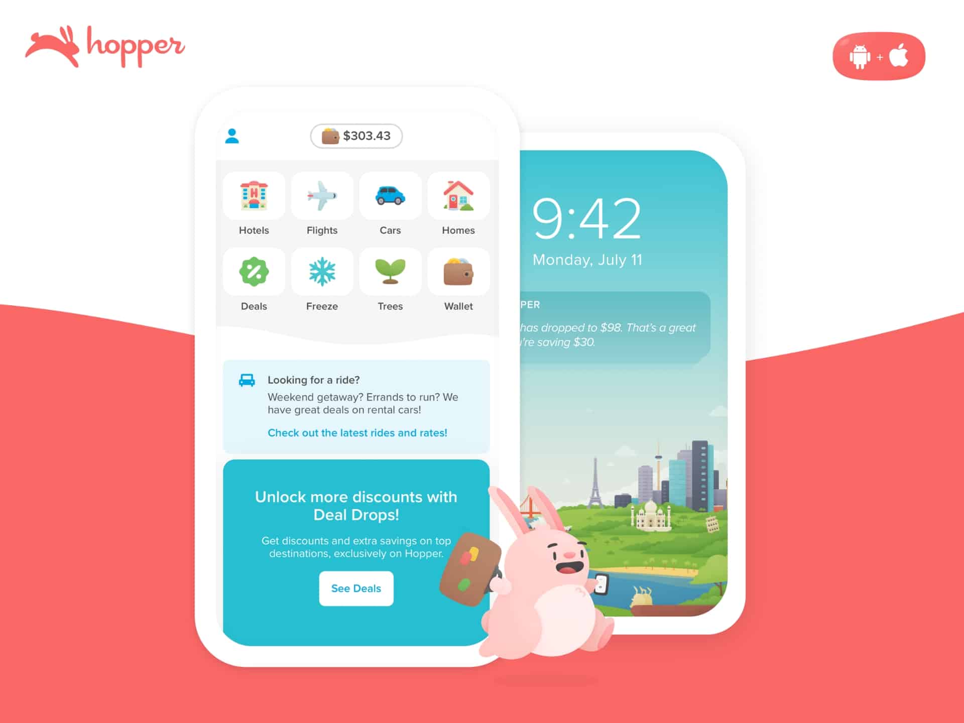 Hopper app cover: Smart flight & hotel deals. Save on travel with price tracking and personalized recommendations.
