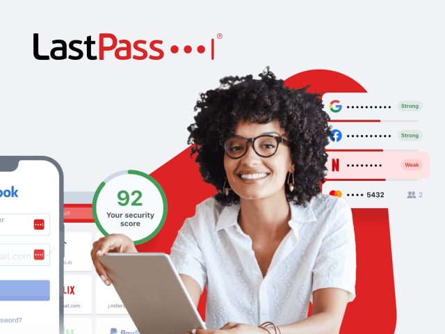 LastPass logo on a dark background, emphasizing password management security. Secure password manager, password safety, digital security.