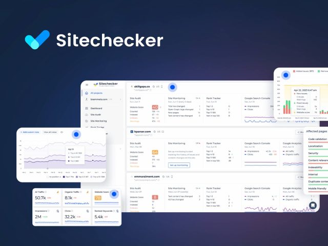 Sitechecker website SEO audit tool dashboard showing website performance metrics and SEO analysis for improved online visibility and rankings.