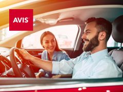 Avis car rental cover - promotional image for car rentals and travel deals. Rental cars, travel, Avis logo.