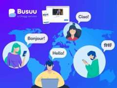 Busuu mobile app interface showcasing language learning lessons and progress. Focus on interactive exercises and vocabulary building.