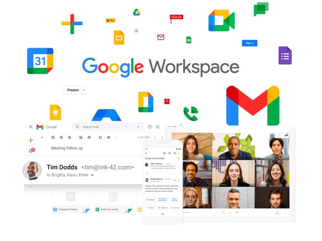 Google Workspace: Professional collaboration and productivity suite. Image showcasing user interface with apps like Gmail, Calendar, Drive. Cloud-based productivity tools for business.