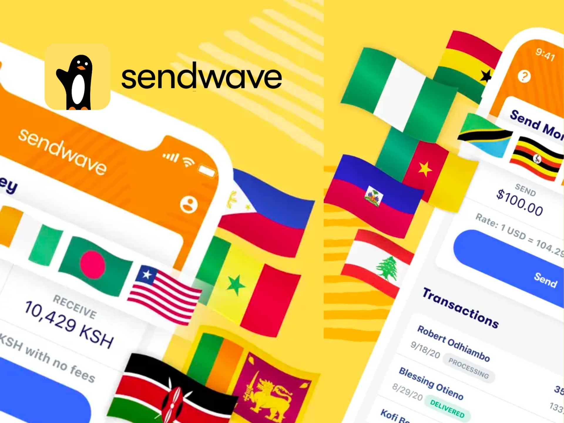 Sendwave app interface showing easy international money transfer and sending money to friends and family. Secure and fast money transfer services.