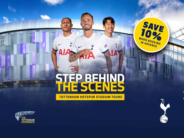 Tottenham Hotspur Stadium Tour Tottenham Hotspur Stadium tour cover. Large stadium, bright green pitch, modern architecture. Football stadium tour, London, England.