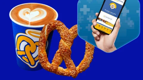 Freshly baked Auntie Anne's pretzels at a UK store, showcasing golden-brown dough and delicious snack deals.