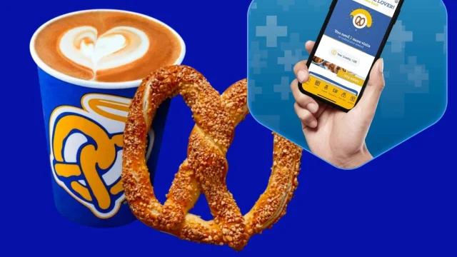 Freshly baked Auntie Anne's pretzels at a UK store, showcasing golden-brown dough and delicious snack deals.
