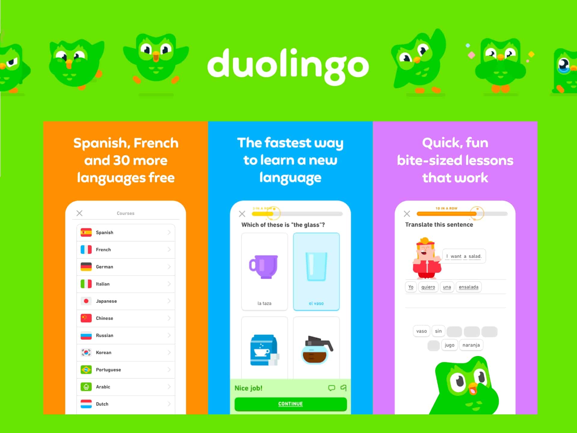 Duolingo mobile app interface showing language course selection and interactive vocabulary exercises.