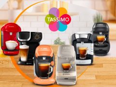 Tassimo coffee machine with T-disc pods, showcasing convenient at-home coffee brewing.