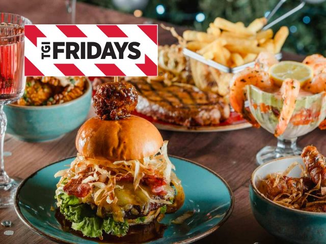 TGI Fridays restaurant cover image, featuring a vibrant outdoor dining area with tables, chairs, and warm lighting. Delicious food and cocktails visible. Best burgers, happy hour, dining out, restaurant deals.
