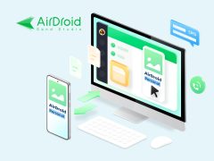 AirDroid app interface showcasing remote device control and file transfer. Manage Android phone remotely, access files, and monitor activity.