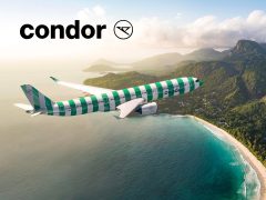 Condor Airlines cover image featuring a majestic condor soaring against a blue sky. Represents travel, flights, and destinations.