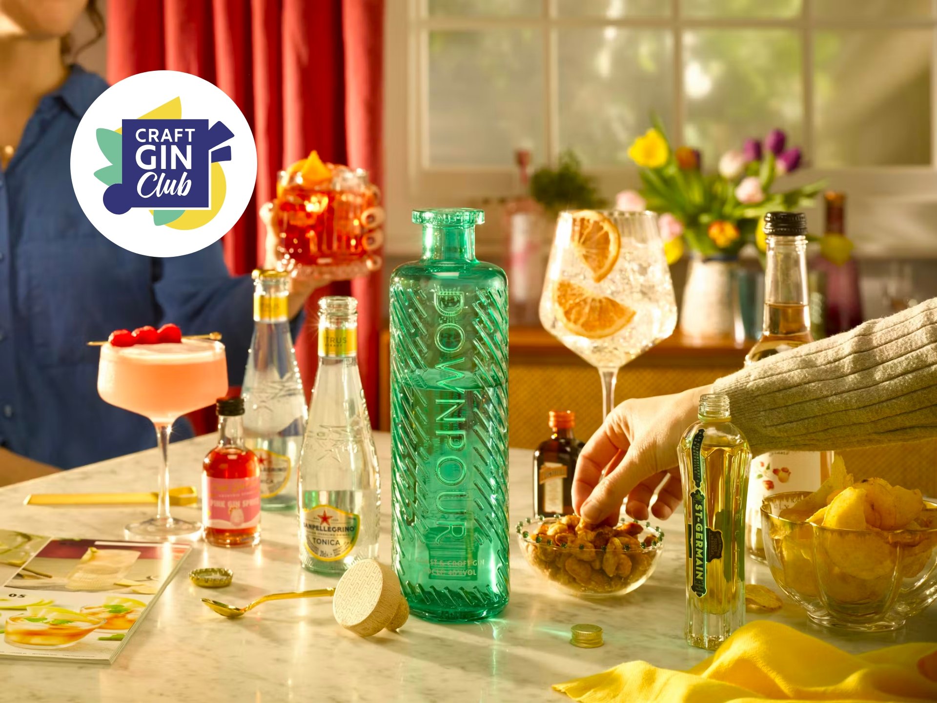 Craft Gin Club promotional image, featuring bottles of gin, tasting glasses, and a sophisticated setting. Gin club membership, cocktail, premium spirits, gin lovers.
