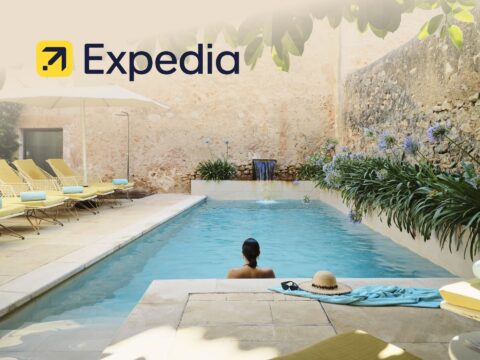 Expedia holiday deals cover featuring scenic travel destinations for booking cheap flights and hotels online.