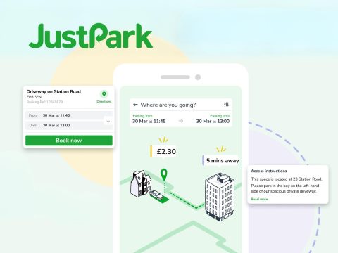 JustPark parking cover, modern design, outdoor parking solution, parking garage entrance.