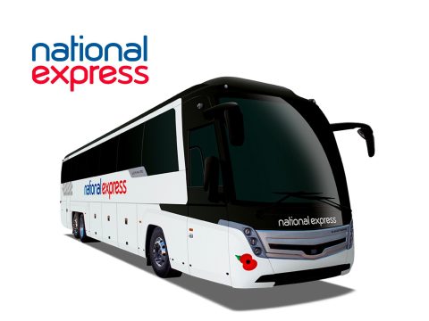 National Express bus cover featuring travel deals and discounts. Comfortable seating and a modern design for affordable journeys.