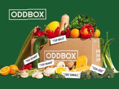 Oddbox box filled with colorful, sustainable products. Eco-friendly shopping, zero waste lifestyle, curated boxes.