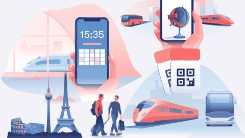 Omio travel platform interface showing discounted train and coach tickets for affordable European travel journeys.