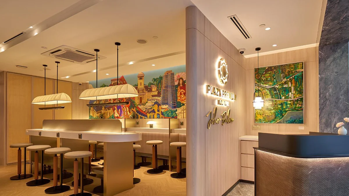 Modern interior of a Plaza Premium Lounge featuring comfortable seating and a relaxing atmosphere for travellers.