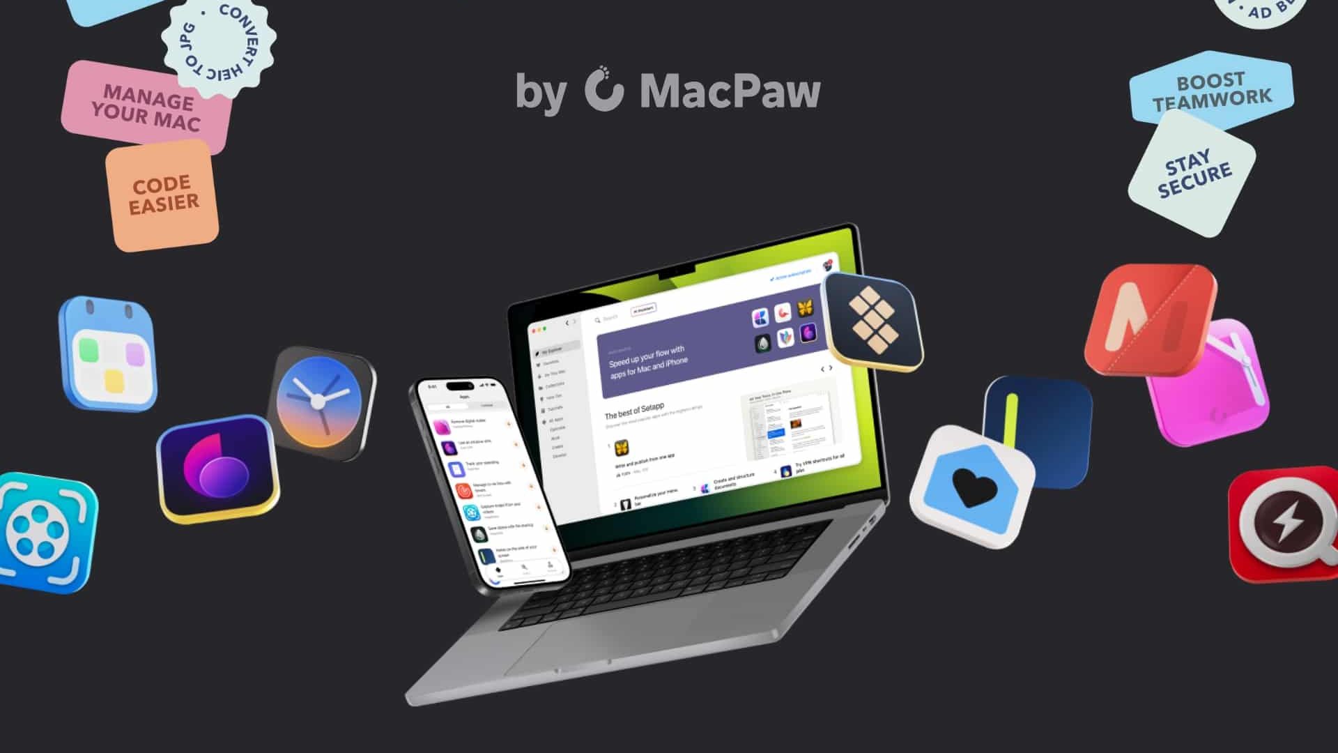 A MacBook and iPhone displaying the Setapp interface surrounded by various productivity app icons on a dark background.