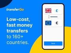 TransferGo logo against a blurred background, emphasizing international money transfer services and secure transactions.