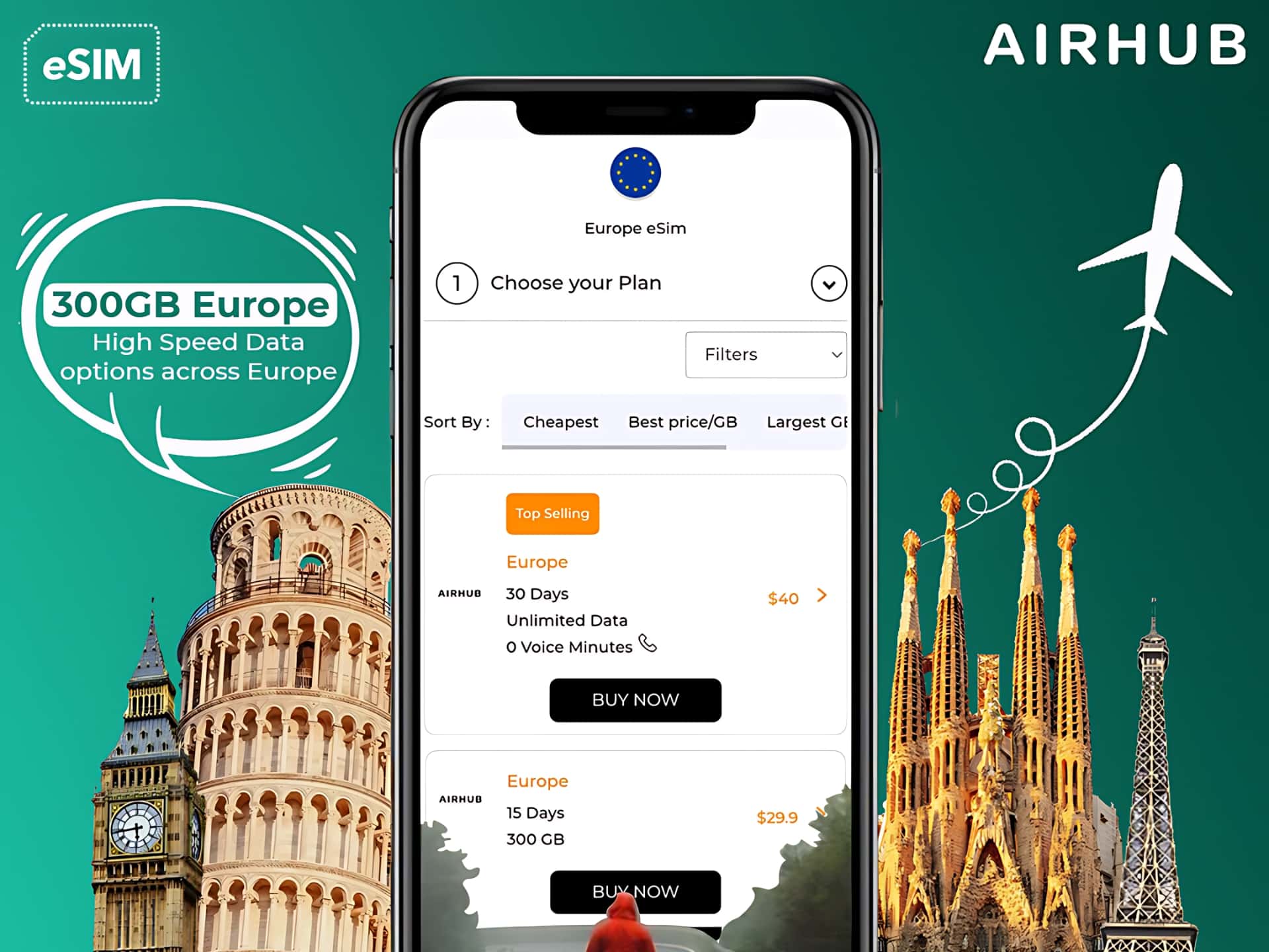 Smartphone displaying the Airhub eSIM interface with European travel data plans and iconic landmarks in the background.