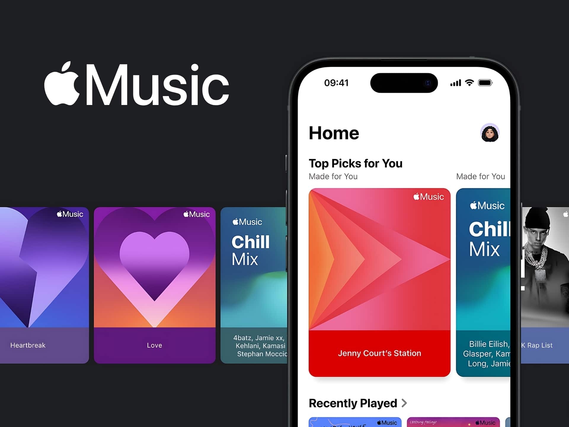 Apple Music app interface displayed on an iPhone showing personalised playlists and the Home screen.