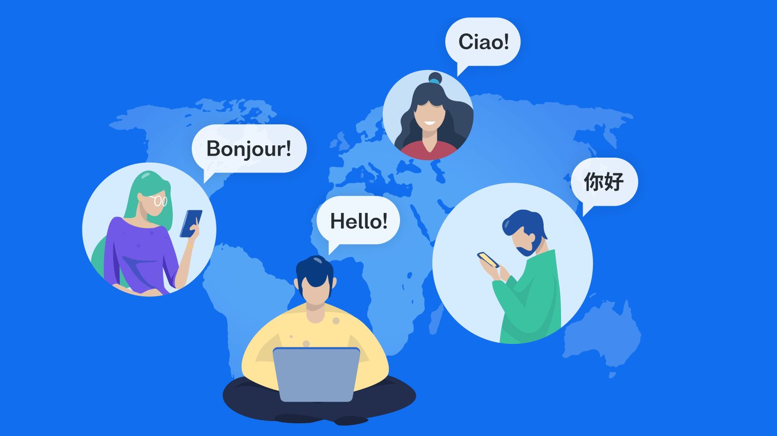 Digital illustration of people using mobile devices and laptops to learn languages across a global map background.