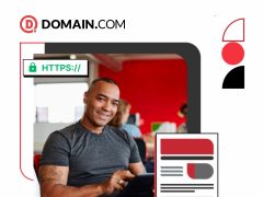 Domain.com cover image, featuring a clean and modern design, showcasing website builder and domain registration services. Focus on online business and website creation.