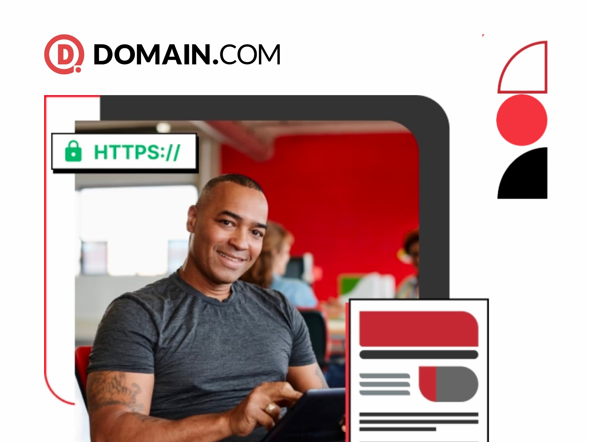 Domain.com cover image, featuring a clean and modern design, showcasing website builder and domain registration services. Focus on online business and website creation.