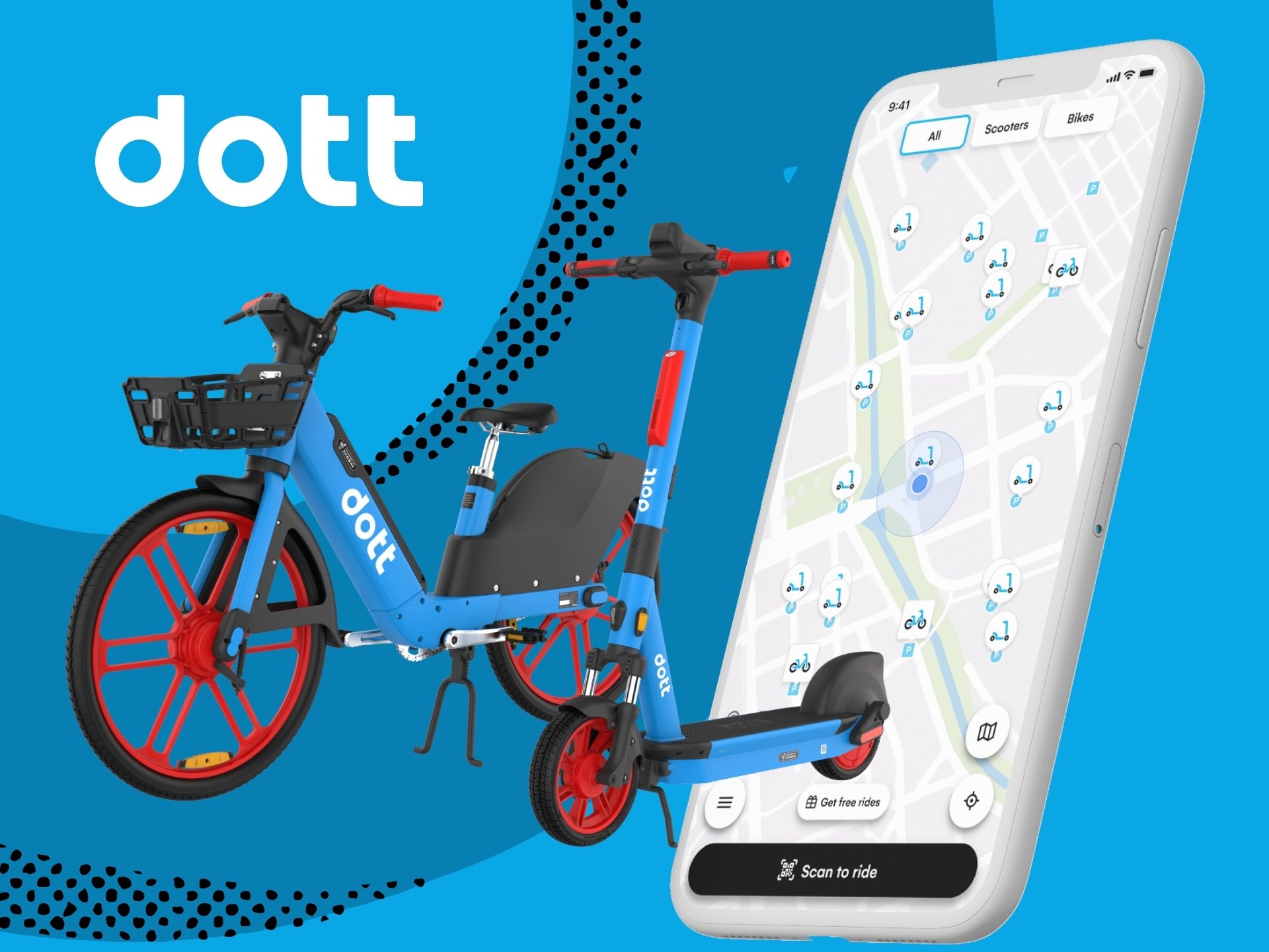 Dott scooter ebike, sleek urban electric scooter for commuting. Modern design, comfortable ride. Available for sale.