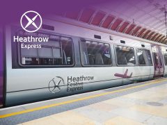 Heathrow Express train departing from London, UK. Fast travel, airport transfer, London to Heathrow, train travel, London Heathrow Express.