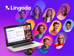 Lingoda language learning app cover. Mobile app interface showcasing diverse language courses, interactive lessons, and progress tracking. Learn a new language easily.