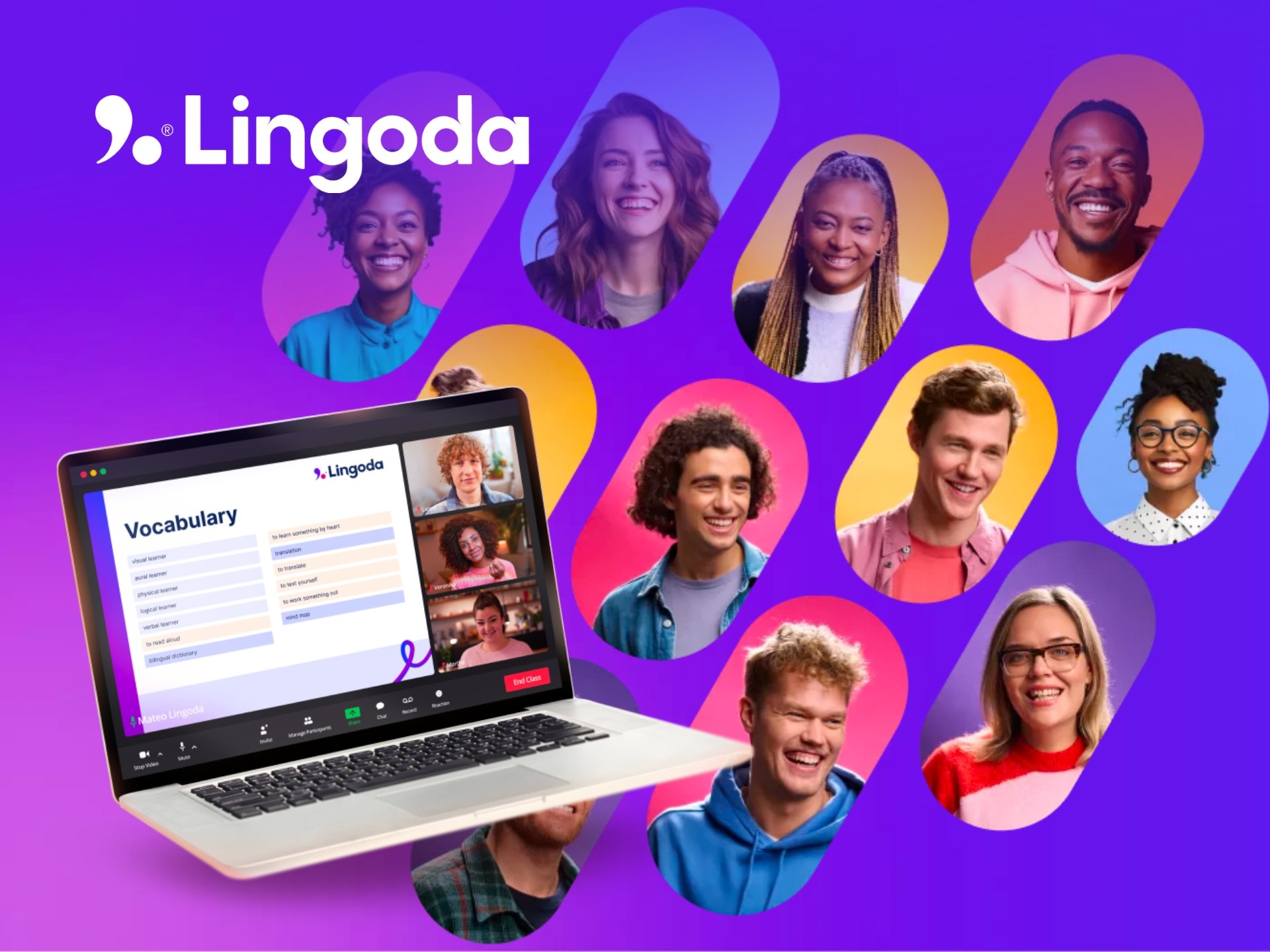 Lingoda language learning app cover. Mobile app interface showcasing diverse language courses, interactive lessons, and progress tracking. Learn a new language easily.
