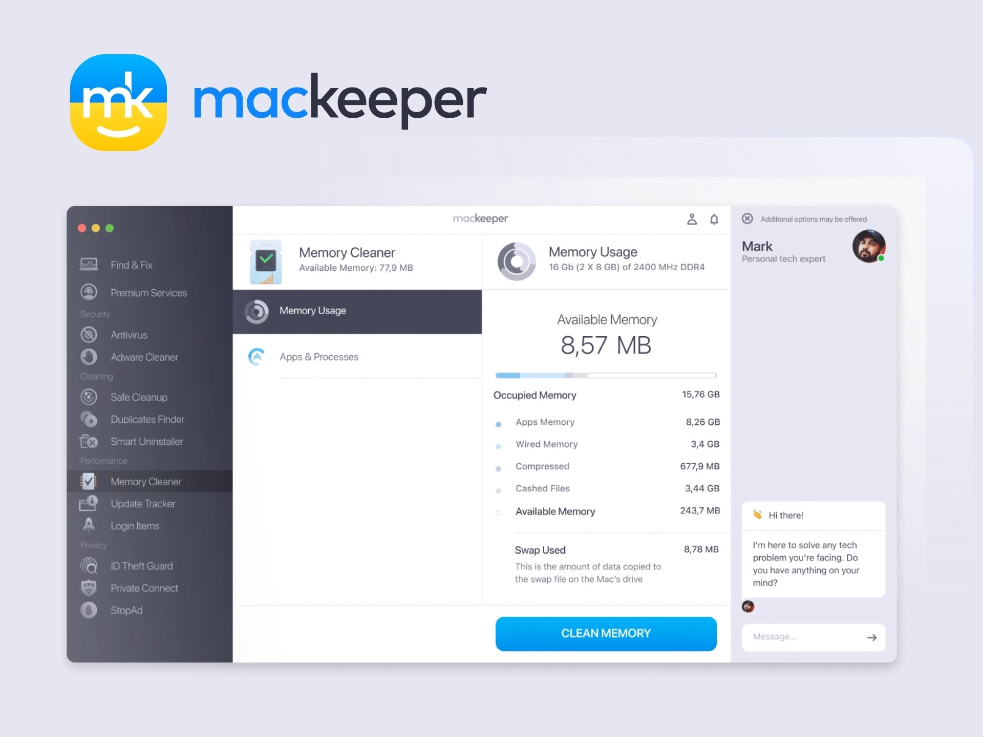 MacKeeper software interface showing a clean and organized dashboard, highlighting security features and system optimization.