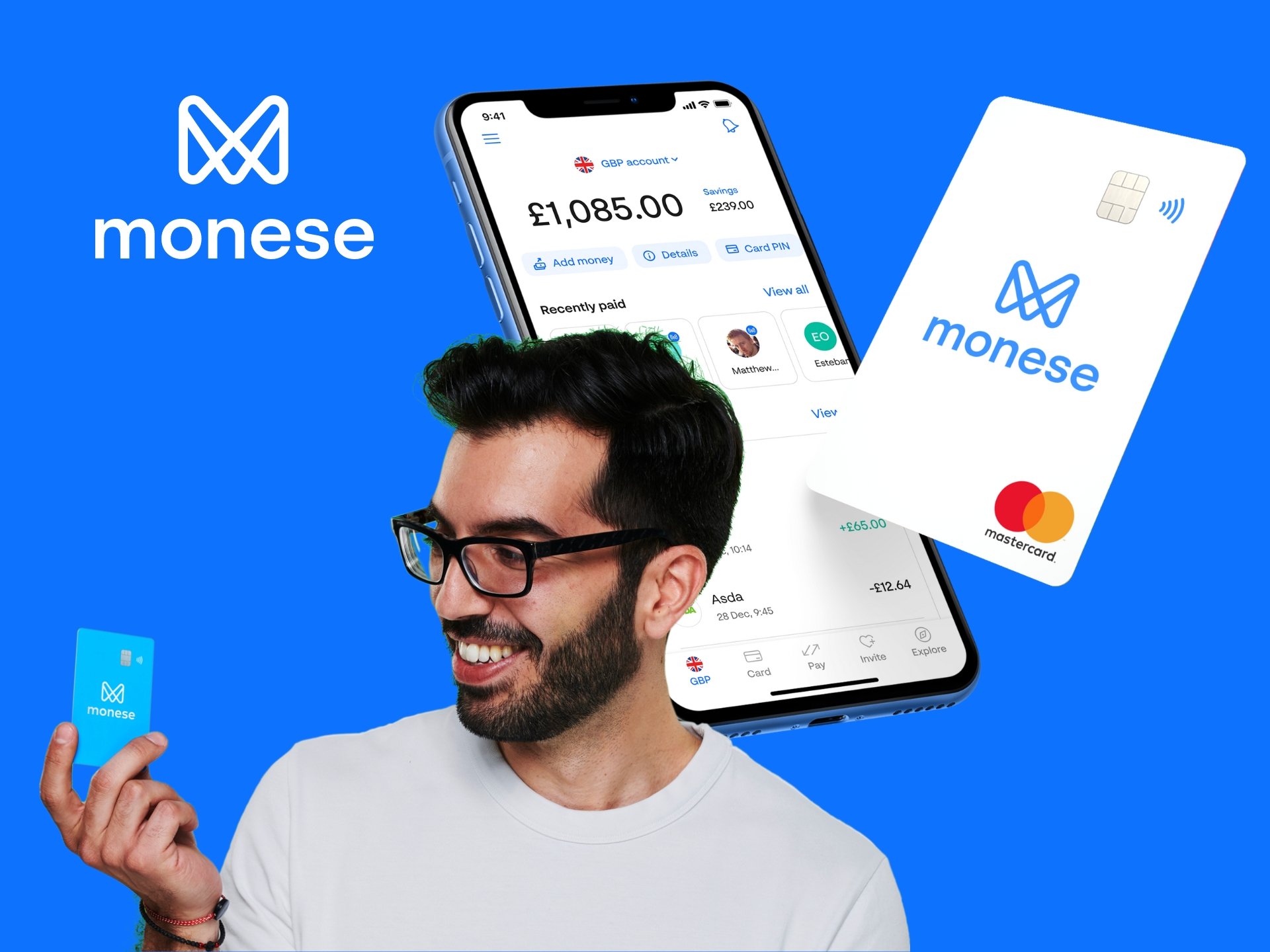 Monese Invite Code Monese app interface showing a secure and easy way to manage money and make payments. Mobile banking, financial app, digital wallet.