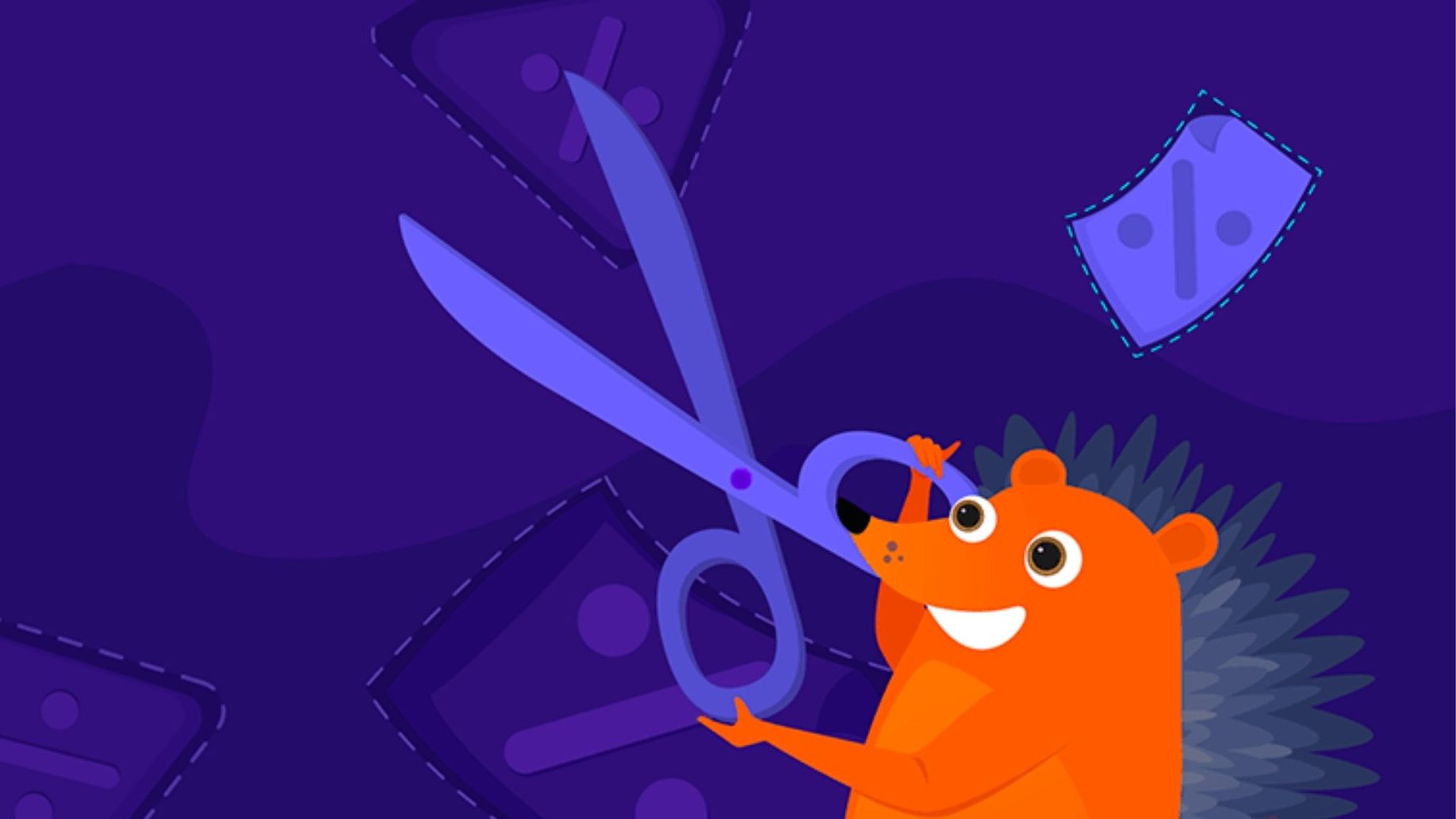 A cartoon hedgehog holding large scissors to cut through discount percentage symbols on a purple background.