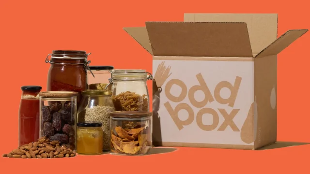 Oddbox fruit and vegetable delivery box featuring a colourful selection of fresh, surplus seasonal produce.