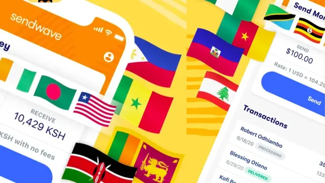 Sendwave mobile app interface showing international money transfer services and competitive exchange rates on a smartphone.