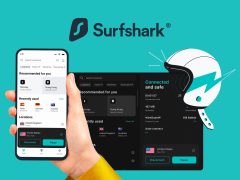 Surfshark logo on a vibrant beach background, representing secure internet & privacy. VPN, cybersecurity, online protection, surfing, digital security.