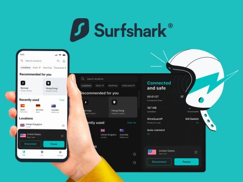 Surfshark Surfshark logo on a vibrant beach background, representing secure internet & privacy. VPN, cybersecurity, online protection, surfing, digital security.