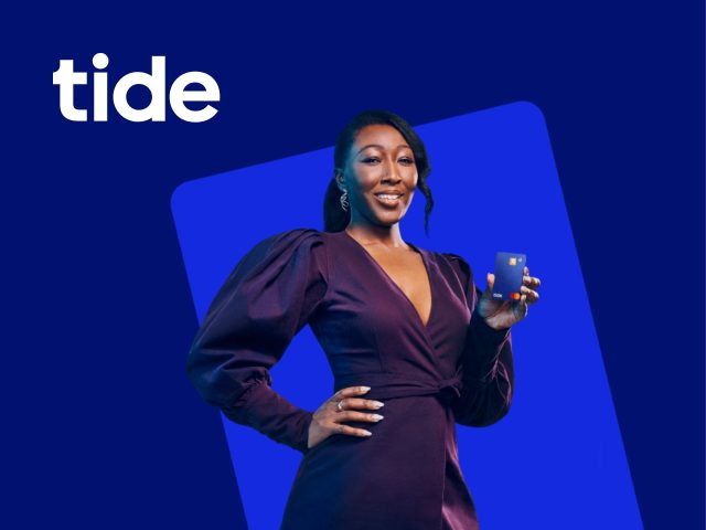 Business account cover with tide logo and promotional offer. Financial savings and business banking solutions.