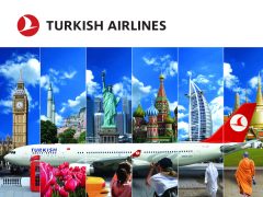 Turkish Airlines cover image. Airline logo, modern aircraft, travel destination backdrop. Flights, travel deals, Turkish tourism, travel promotions.