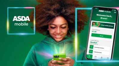 Asda Mobile branding featuring a smartphone displaying affordable SIM-only deals and mobile network savings.