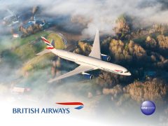 British Airways logo on a modern background, representing airline travel and booking flights.