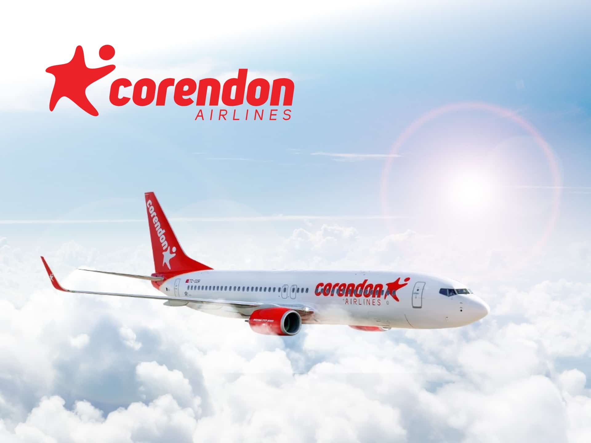 Corendon Airlines promotional cover featuring a vibrant sunset and airplane, highlighting flight deals and travel offers.